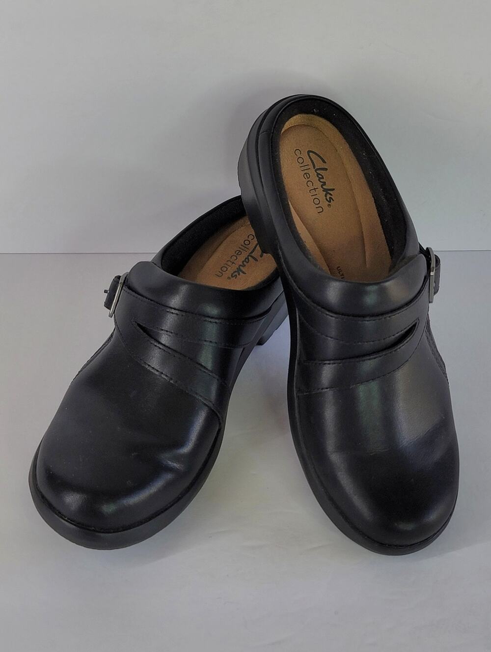 CLARKS Angie Braley Black Leather Slip On Clogs Mules Shoes in Women's Size 8 M